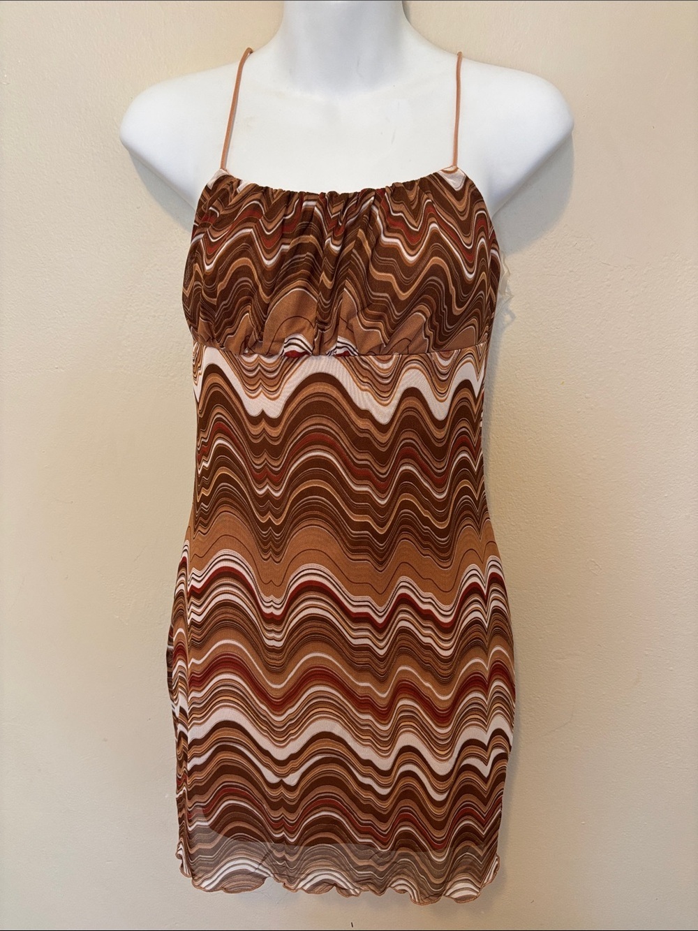 Wavy Brown Spaghetti Strap Mini Dress